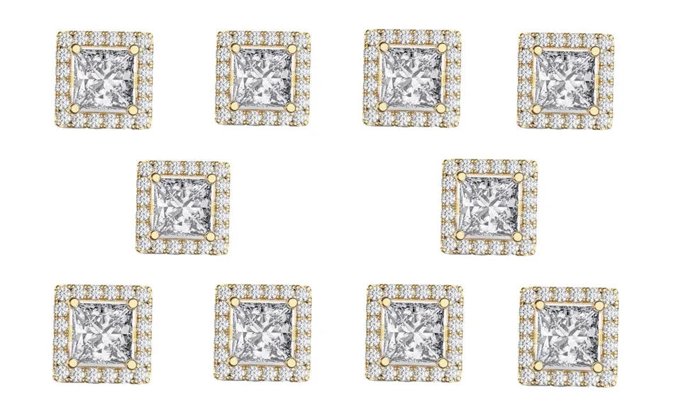 14k Yellow Gold Plated 6mm 2Ct Square Cut White Sapphire Set of Five Halo Stud Earrings