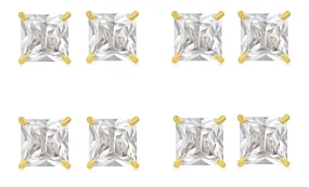 14k Yellow Gold Plated 6mm 4Ct Square Cut White Sapphire Set Of Four Stud Earrings