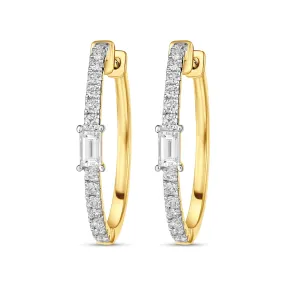 14K Yellow Gold Round Diamond Hoop Earrings with Baguette Diamond Center