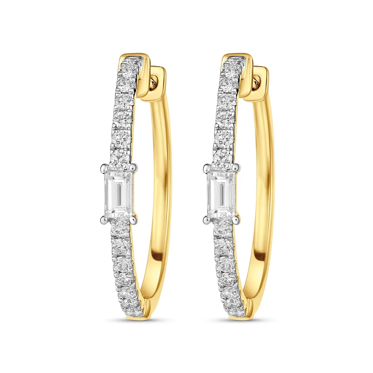 14K Yellow Gold Round Diamond Hoop Earrings with Baguette Diamond Center