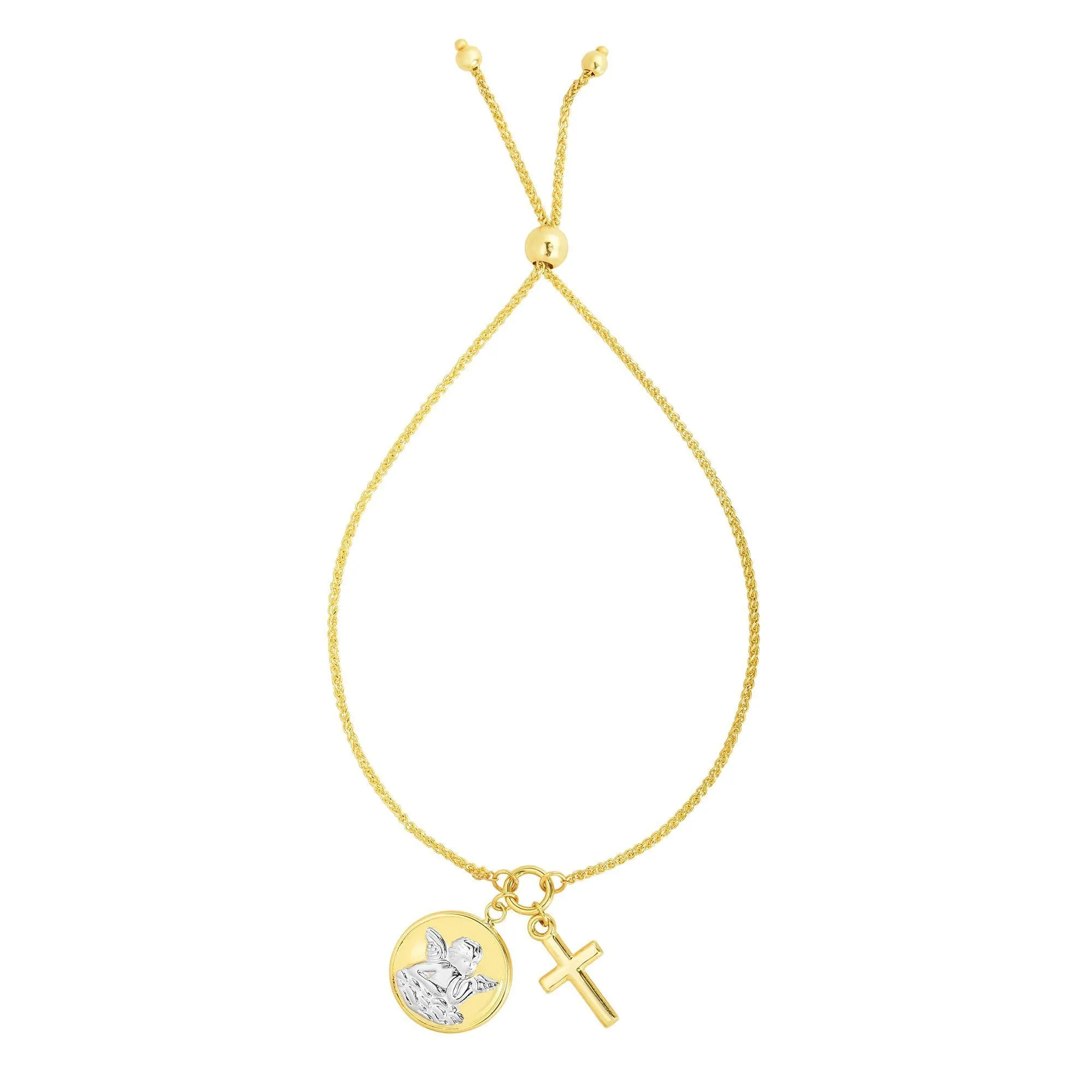 14kt Gold 9.25 inches Yellow White Finish Chain:1mm Pendant:20x14mm Shiny Cross Adjustable Friendship Bracelet with Draw String Clasp