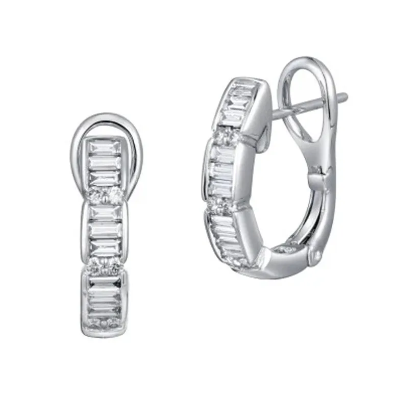 18ct White Gold Baguette & Round Diamond Oval Hoop Earrings 15mm