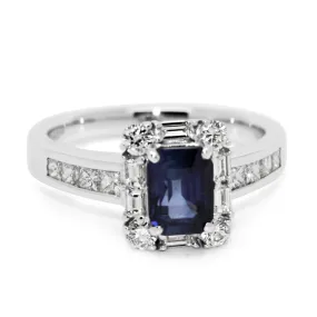 18ct White Gold Emerald Cut Sapphire & Diamond Ring