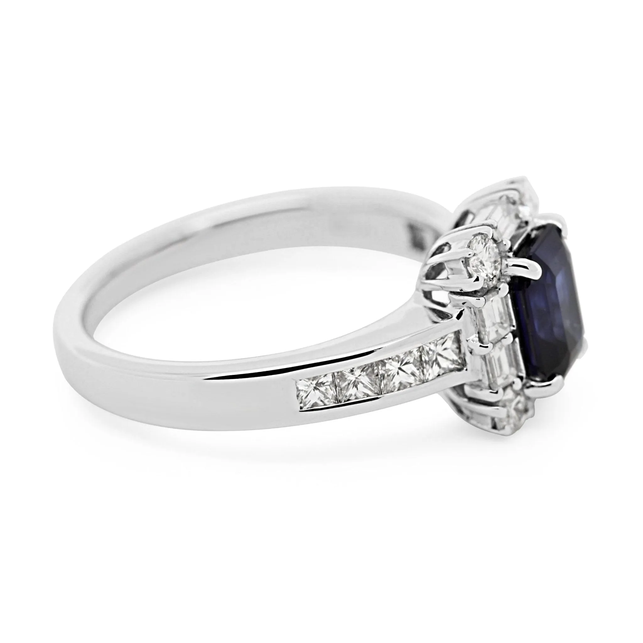 18ct White Gold Emerald Cut Sapphire & Diamond Ring