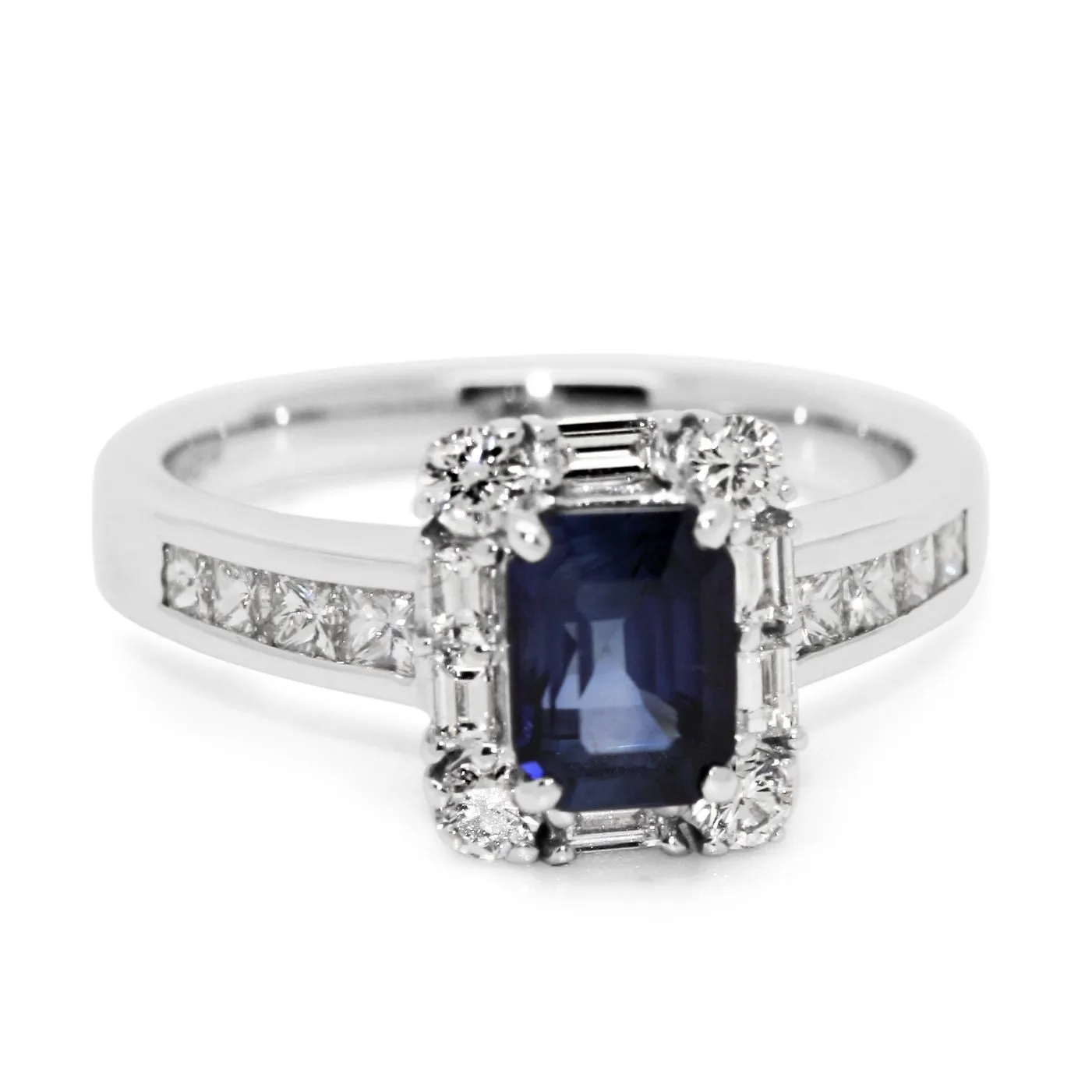 18ct White Gold Emerald Cut Sapphire & Diamond Ring