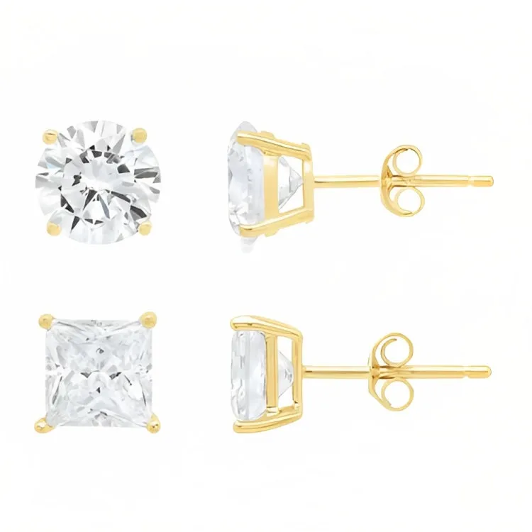 18k Yellow Gold 2 Pair Moissanite Round & Princess Cut Stud Earrings Plated 4mm By Paris Jewelry