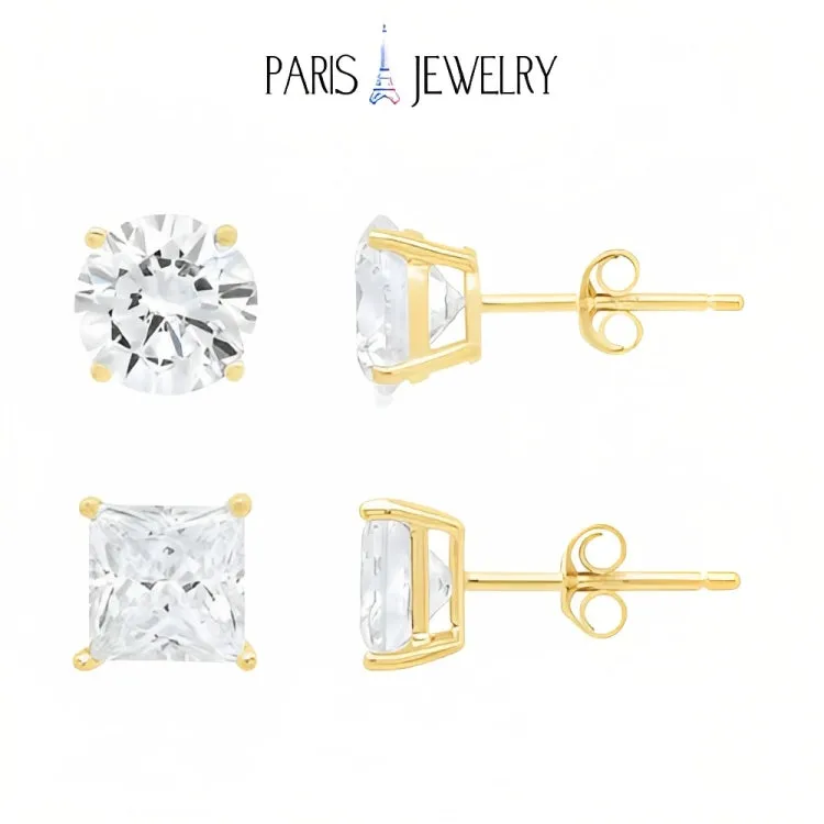 18k Yellow Gold 2 Pair Moissanite Round & Princess Cut Stud Earrings Plated 4mm By Paris Jewelry