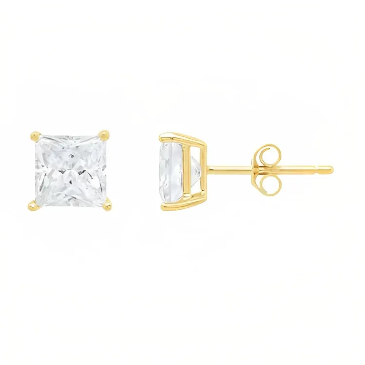 18k Yellow Gold 2 Pair Moissanite Round & Princess Cut Stud Earrings Plated 4mm By Paris Jewelry