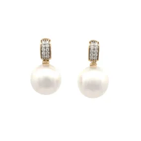 18K Yellow Gold Australian South Sea 11-12mm Cultured Pearl and Diamond Drop Earrings