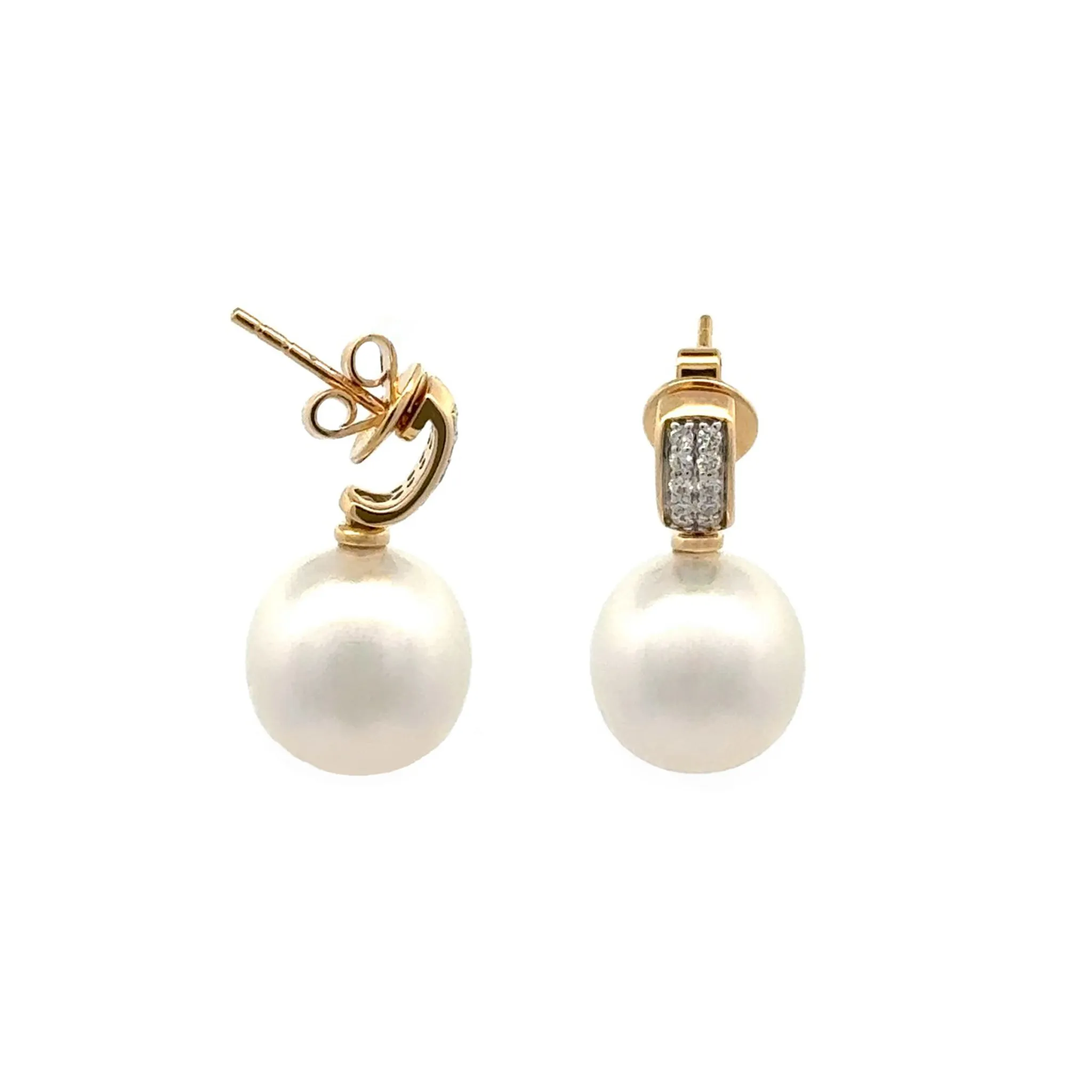 18K Yellow Gold Australian South Sea 11-12mm Cultured Pearl and Diamond Drop Earrings