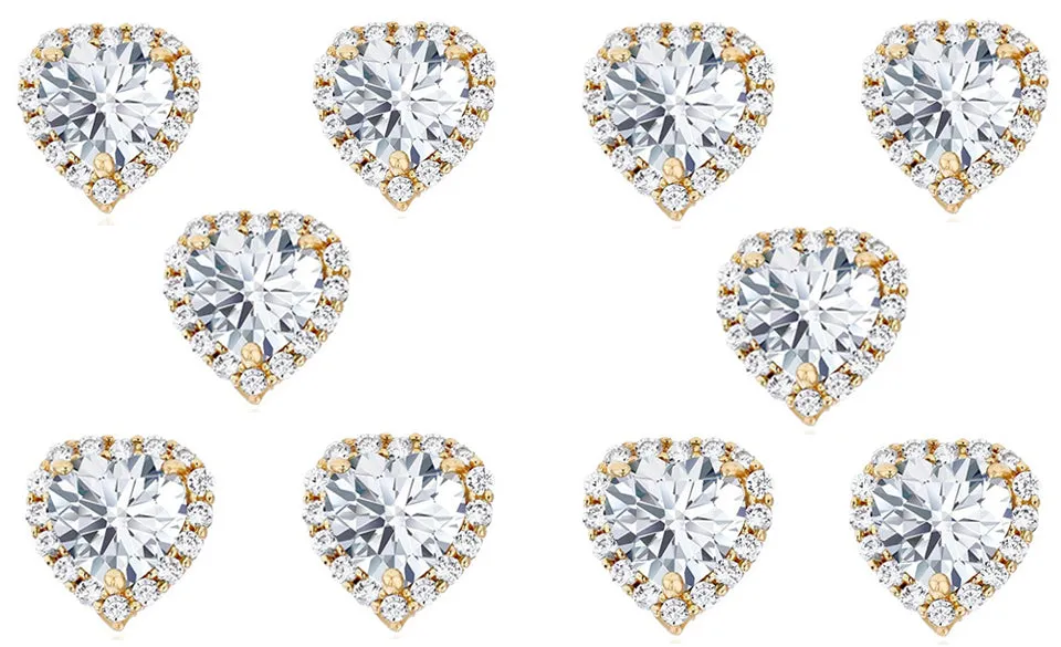 18k Yellow Gold Plated 6mm 3Ct Heart White Sapphire Set of Five Halo Stud Earrings