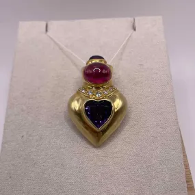 18KY YELLOW GOLD AMETHYST, TOURMALINE & DIAMOND ENHANCER / PIN