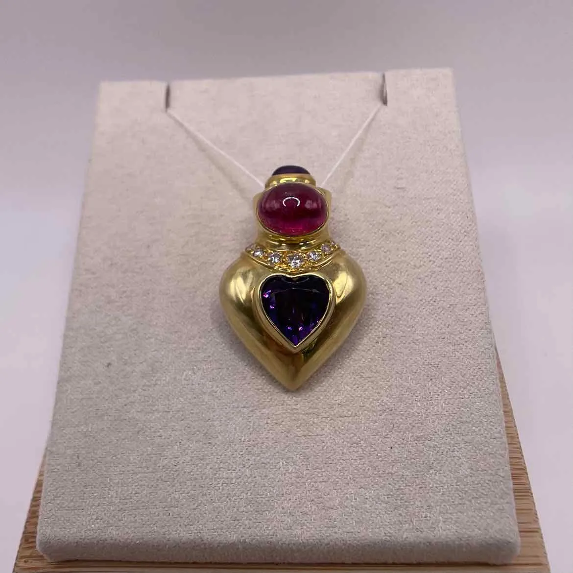 18KY YELLOW GOLD AMETHYST, TOURMALINE & DIAMOND ENHANCER / PIN