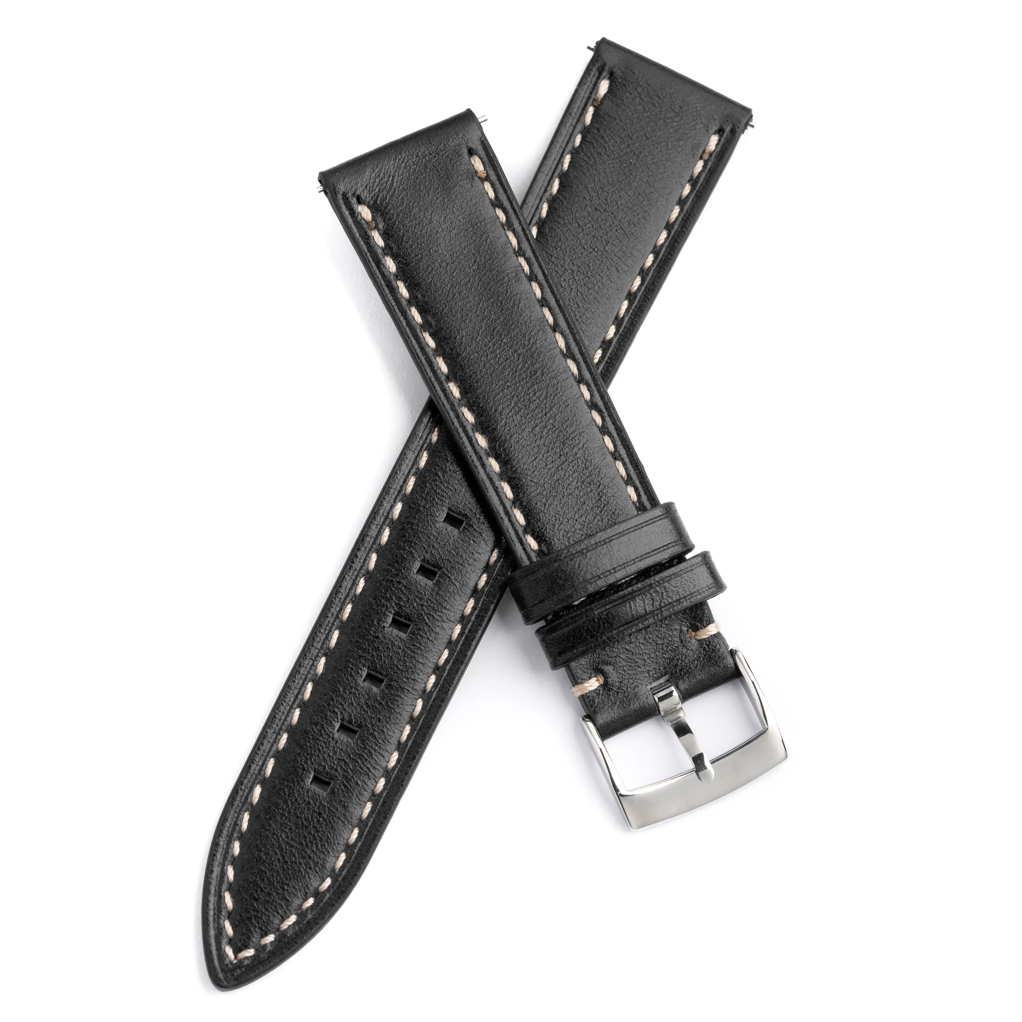 20mm 22mm Quick Release Handmade Leather Watch Strap - Black Full Stitch