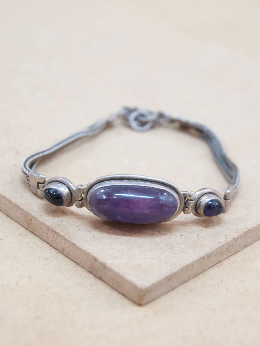 3 Stone Oval Amethyst Silver Bracelet