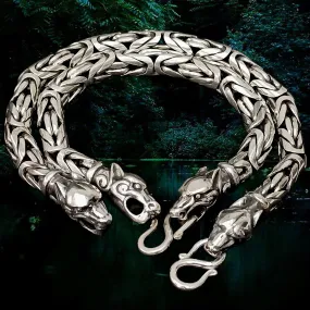 8mm Silver Viking King Bracelet With Ferocious Wolf Heads