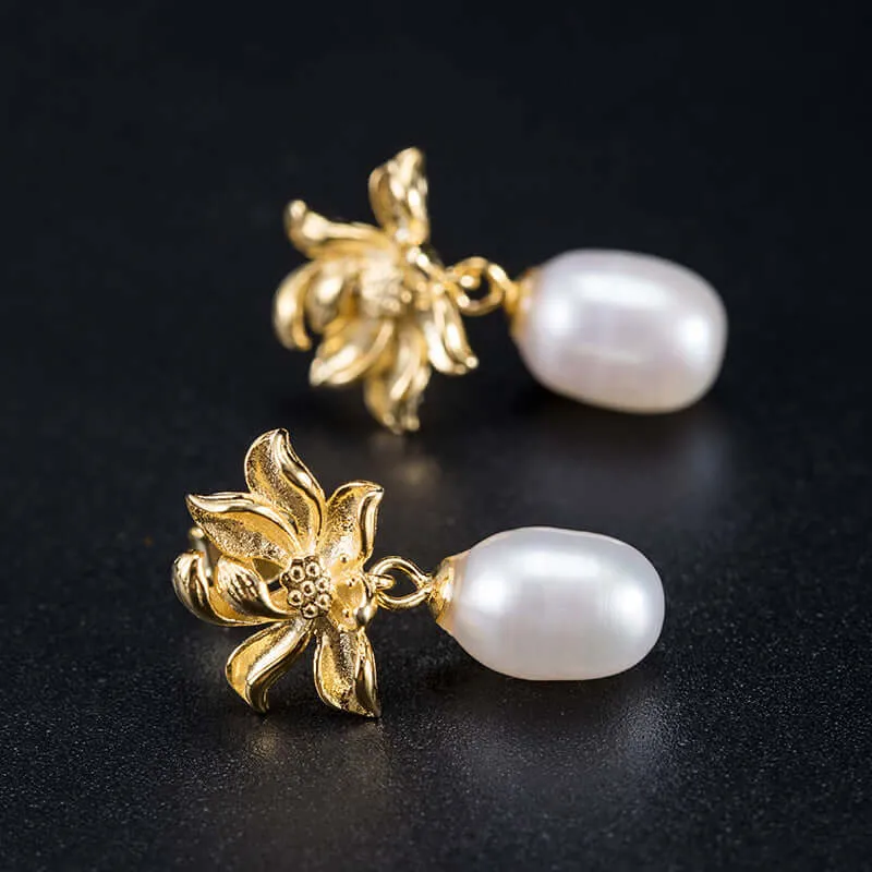 925 Silver Lotus Pearl Earrings