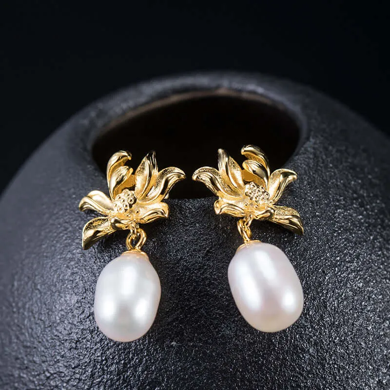 925 Silver Lotus Pearl Earrings