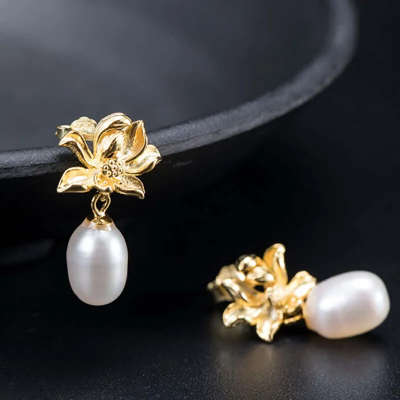 925 Silver Lotus Pearl Earrings