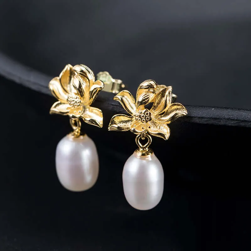 925 Silver Lotus Pearl Earrings