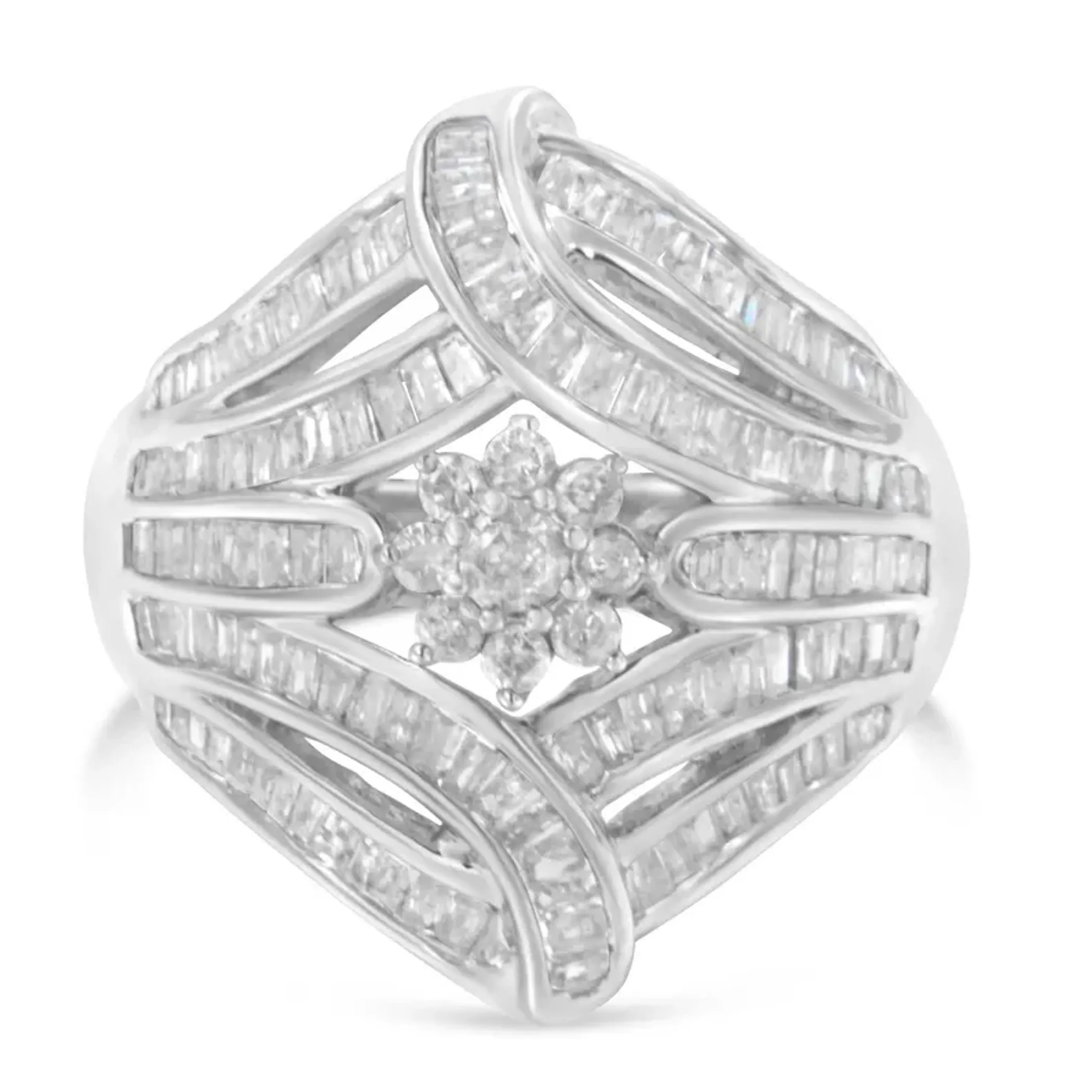 .925 Sterling Silver 1-1/8 Cttw Round & Baguette Diamond 'Flower & Fern' Cluster Cocktail Fashion Ring (I-J Color, I2-I3 Clarity)