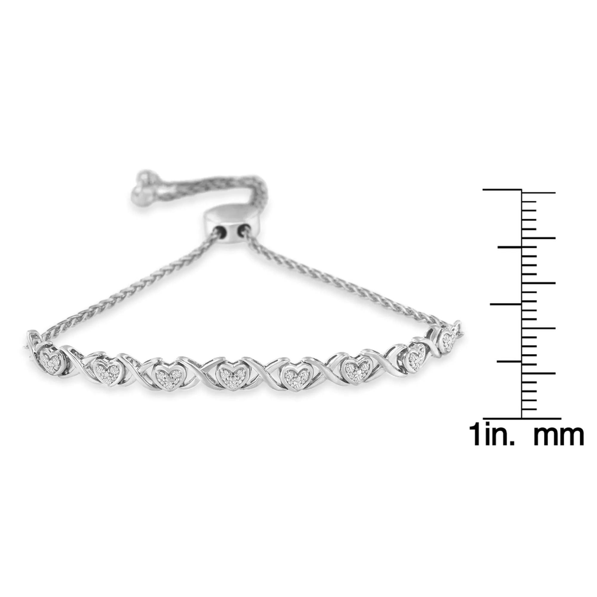 .925 Sterling Silver 1/10 Cttw Diamond Heart and X-Link 6”-9” Adjustable Bolo Bracelet