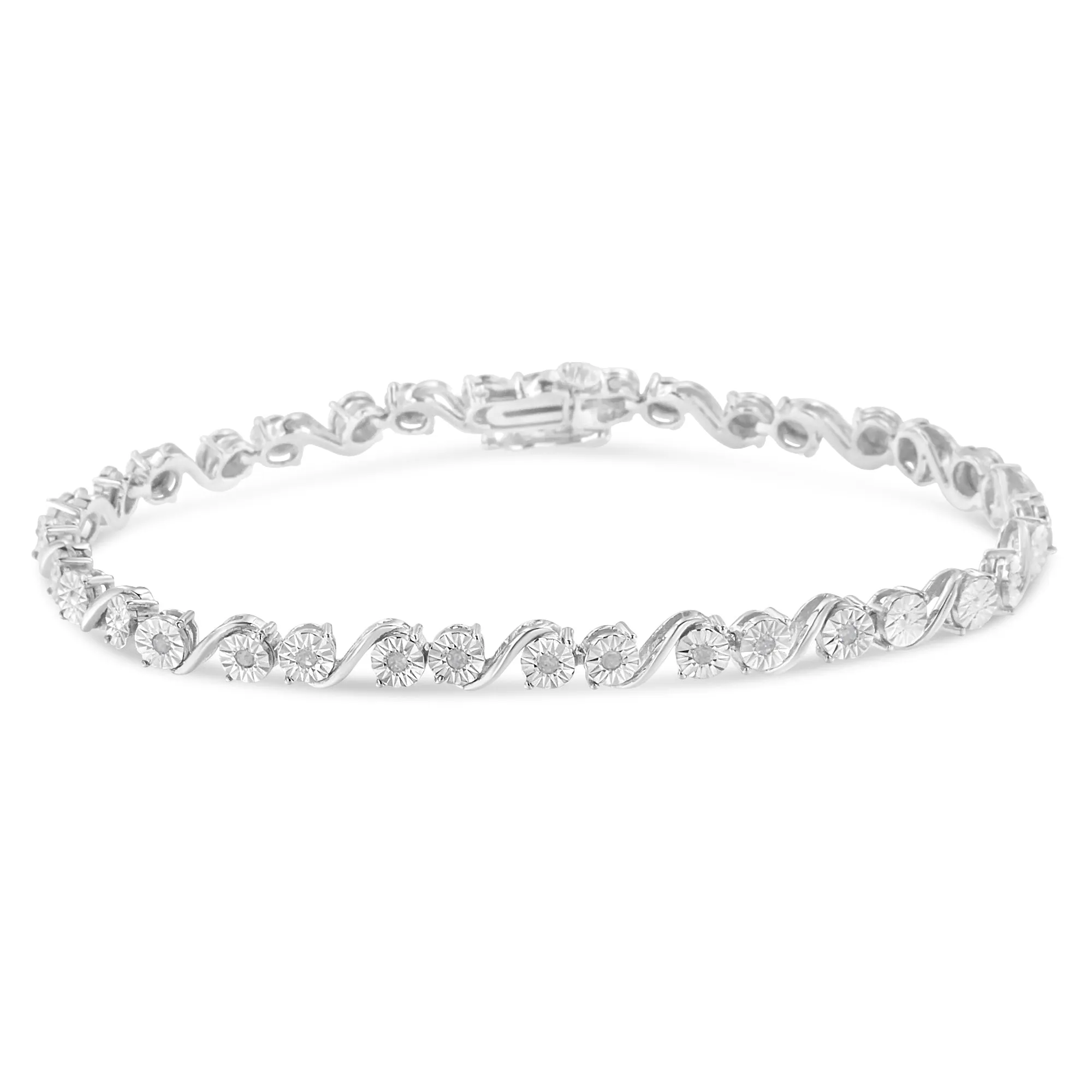 .925 Sterling Silver 1/10 Cttw Round Diamond "S" Link Miracle Plate Tennis Bracelet