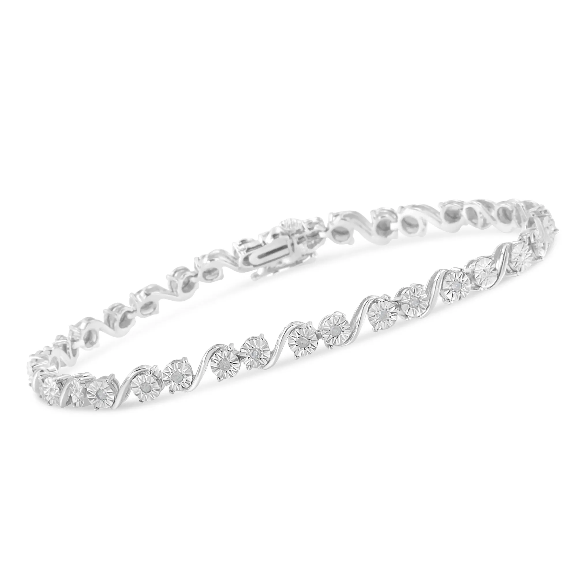 .925 Sterling Silver 1/10 Cttw Round Diamond "S" Link Miracle Plate Tennis Bracelet