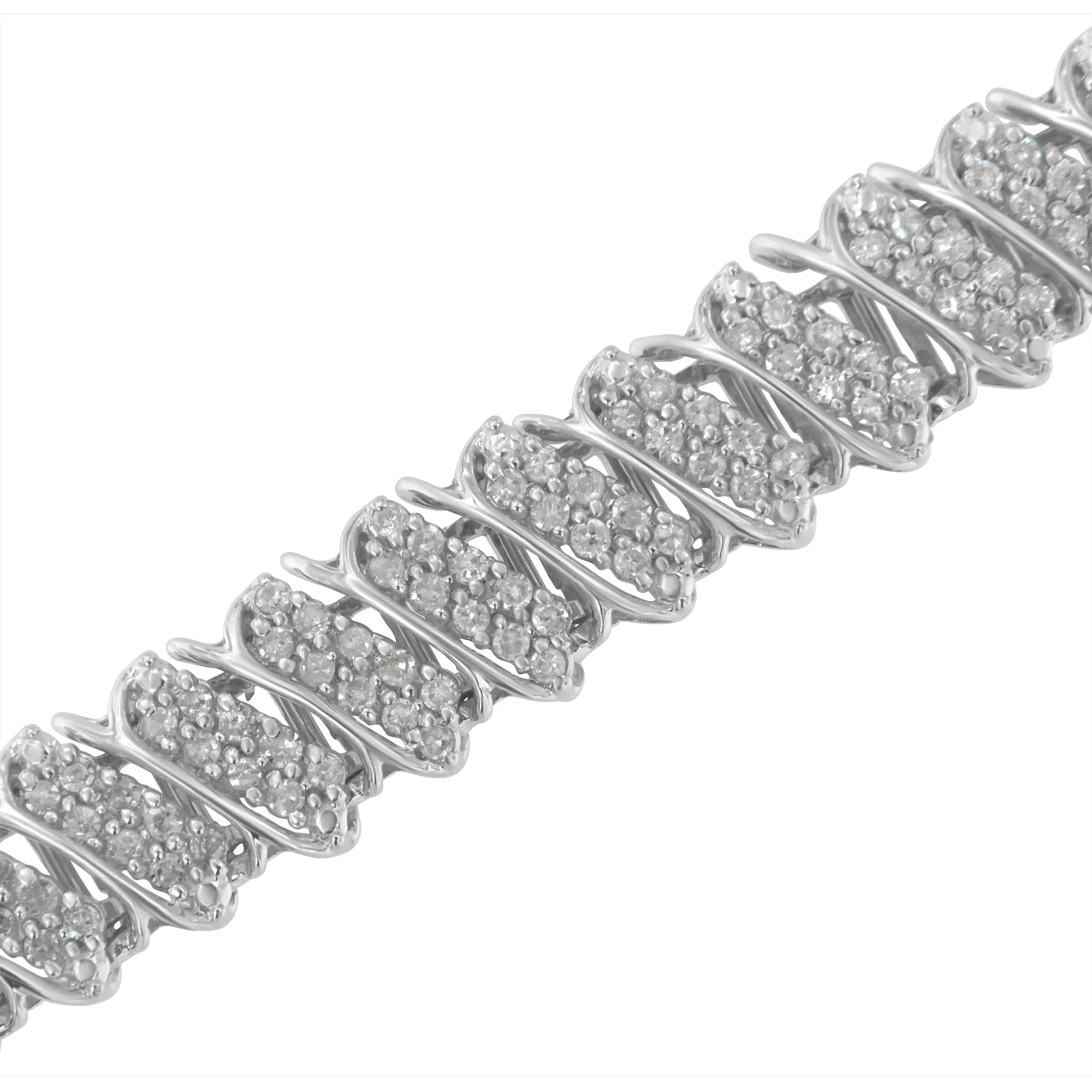 .925 Sterling Silver 3.0 Cttw Diamond Multi Row Cluster Slanted Wave Link 7-.25” Tennis Bracelet