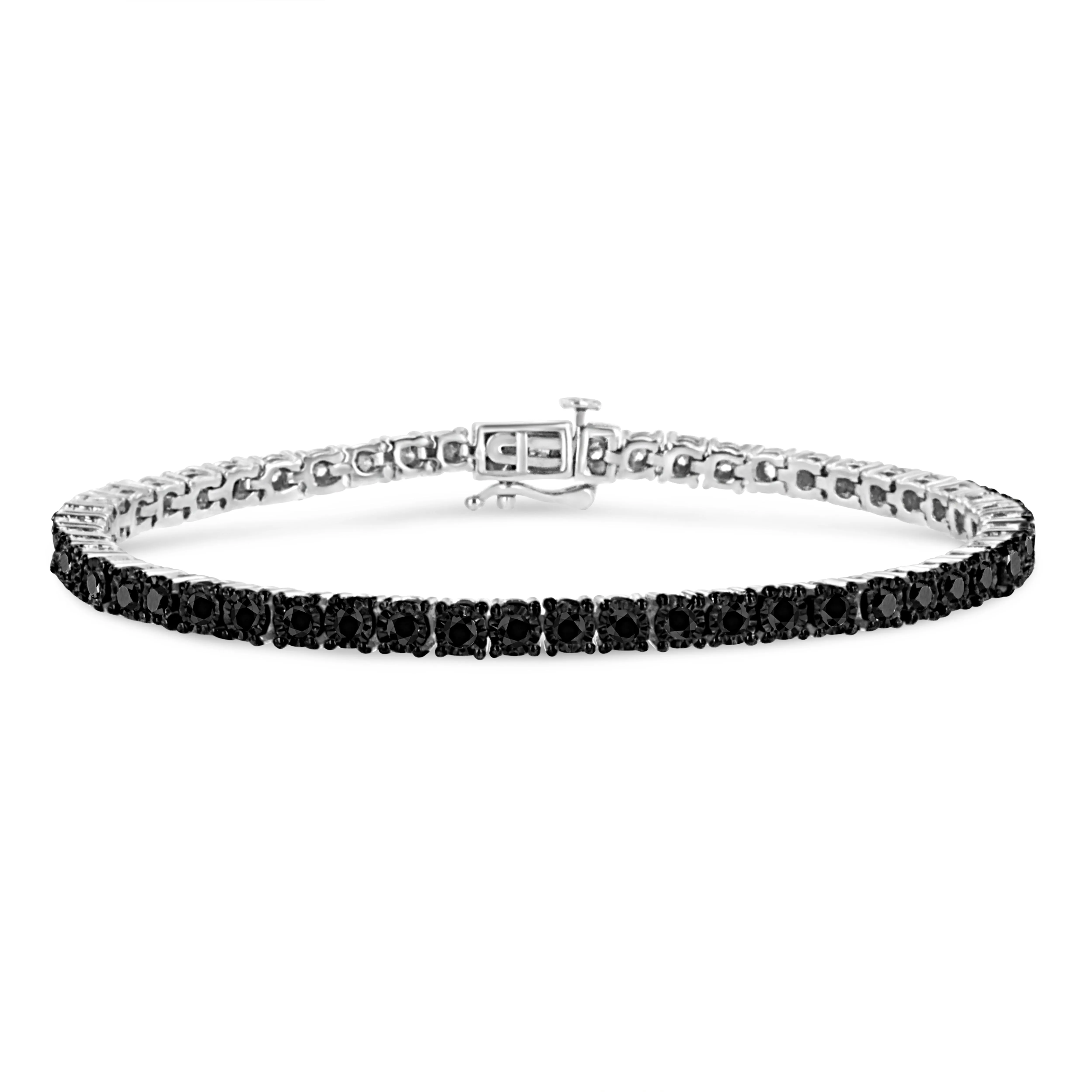 .925 Sterling Silver 3.0 Cttw Miracle-Set Treated Black Diamond Round Miracle Plate Tennis Bracelet