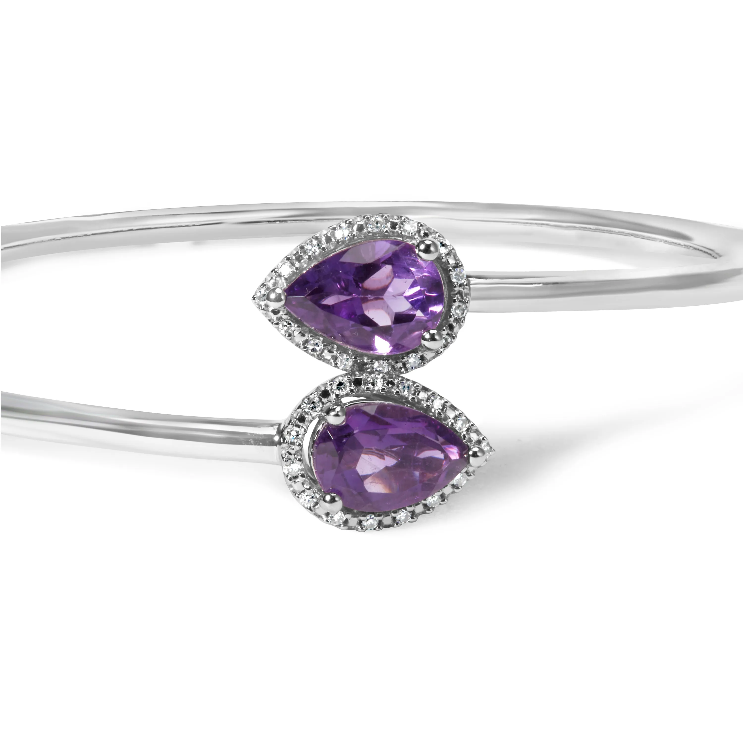 .925 Sterling Silver 8 x 5.5mm Pear Shape Amethyst  and Diamond Accent Halo Bypass Bangle Bracelet