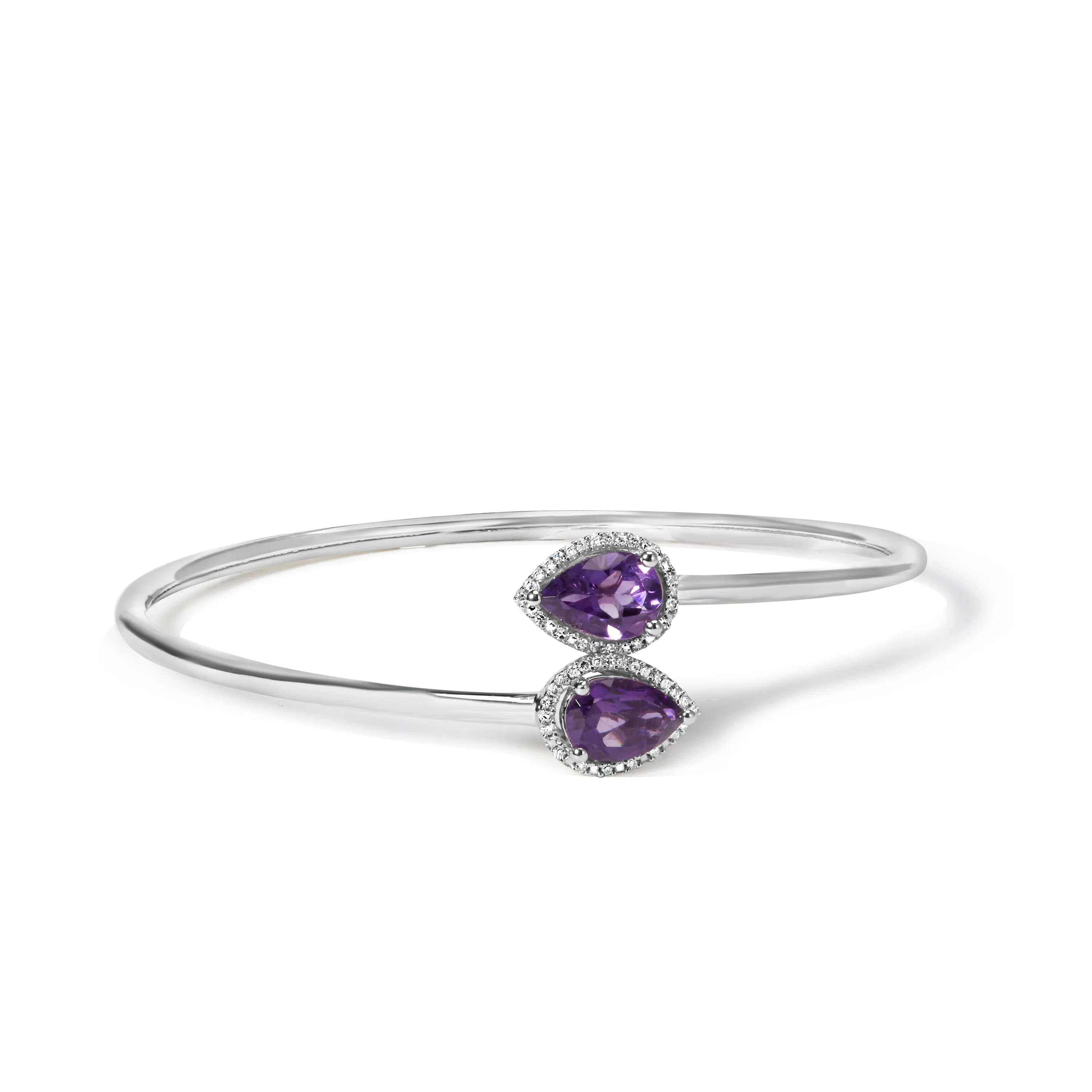 .925 Sterling Silver 8 x 5.5mm Pear Shape Amethyst  and Diamond Accent Halo Bypass Bangle Bracelet