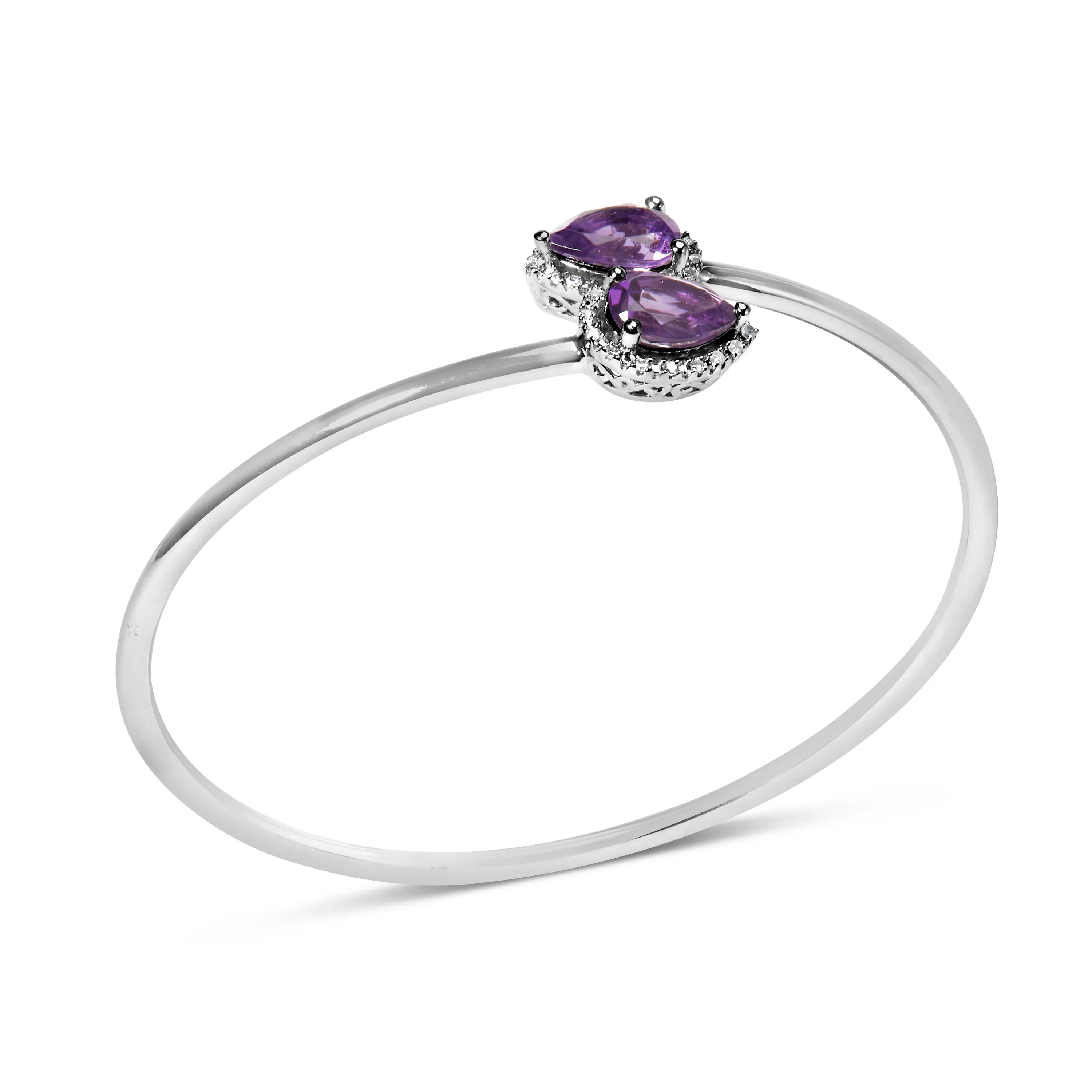 .925 Sterling Silver 8 x 5.5mm Pear Shape Amethyst  and Diamond Accent Halo Bypass Bangle Bracelet