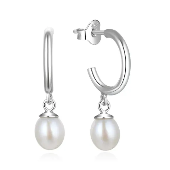 925 Sterling Silver Pearl Hoop Earrings