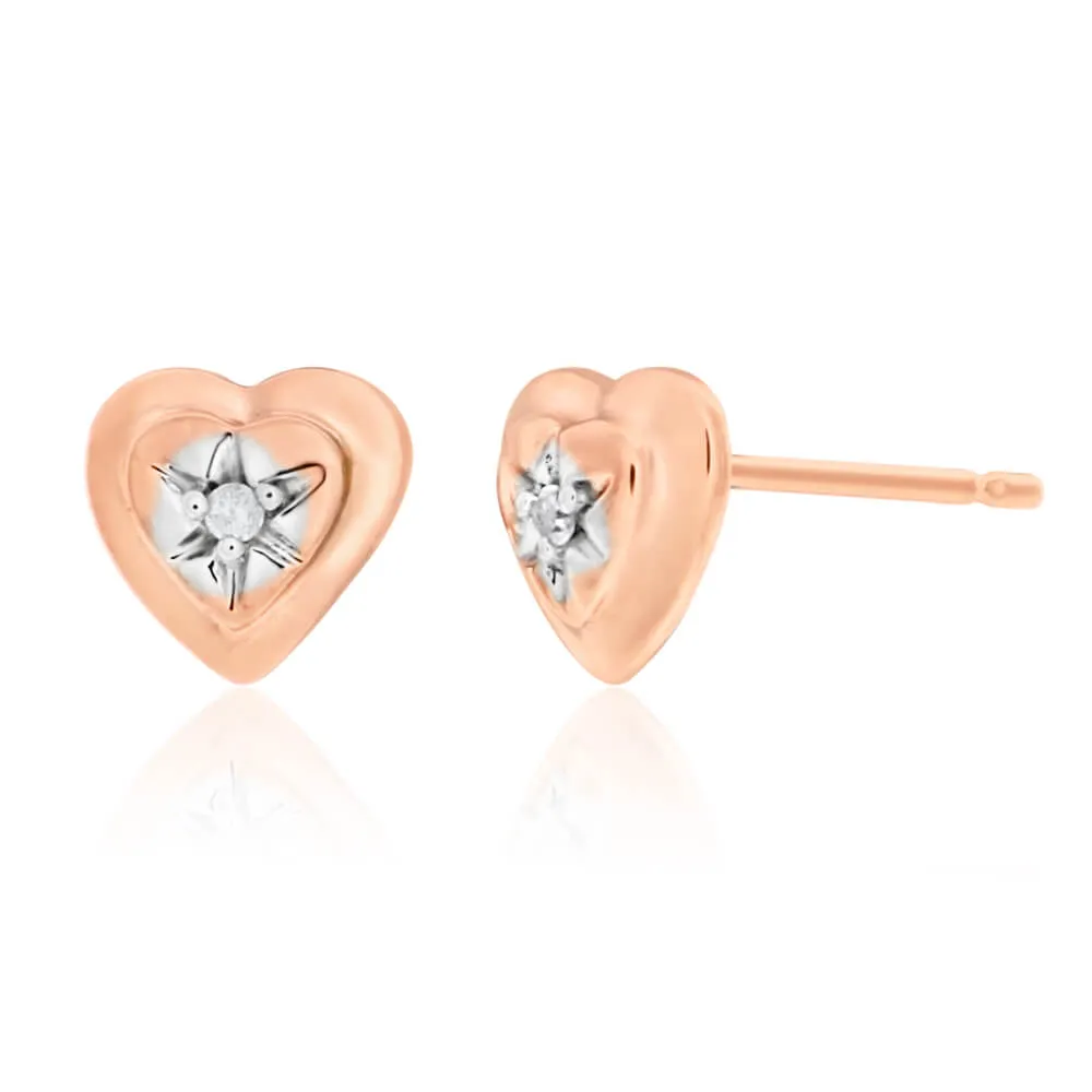 9ct Rose Gold Heart Earrings Set With 2 White Diamonds