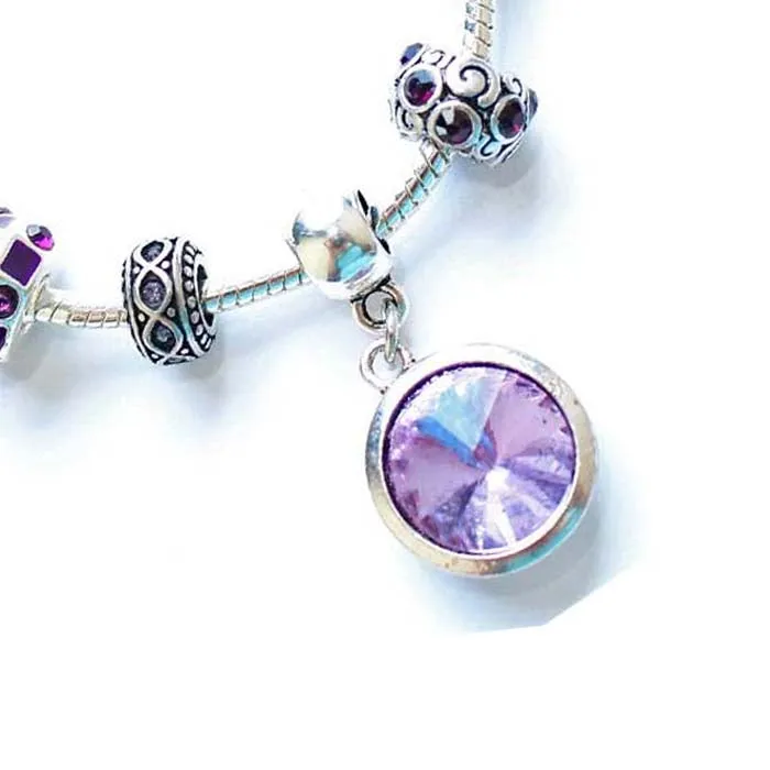 Adult's 'June Birthstone' Amethyst Colored Crystal Silver Plated Charm Bead Bracelet