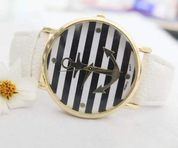 Ahoy! Anchor Watch in White and Black Stripes For Woman