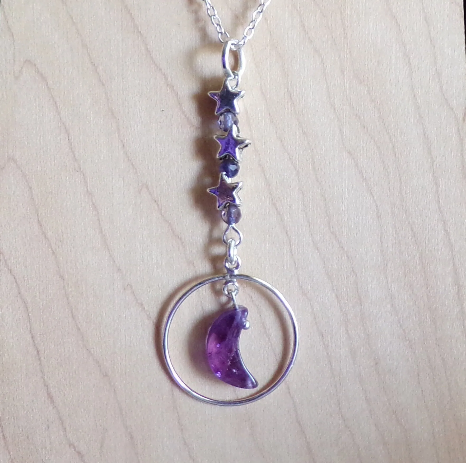 Amethyst Crystal Moon Purple Iolite Silver Circle Pendant Necklace