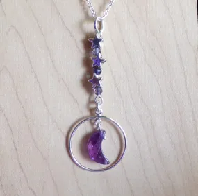 Amethyst Crystal Moon Purple Iolite Silver Circle Pendant Necklace