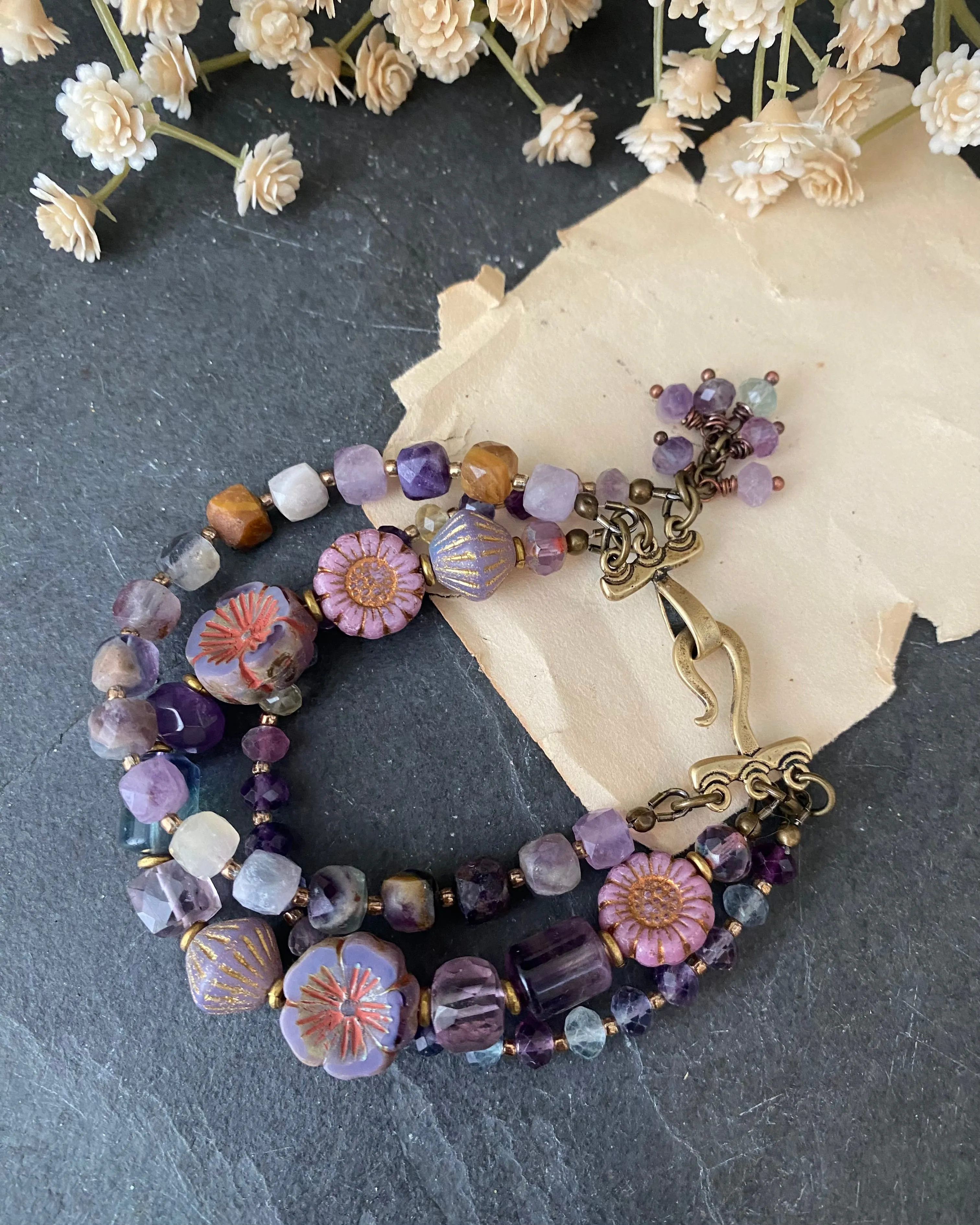 Amethyst, fluorite, Czech glass, brass metal, bracelet.