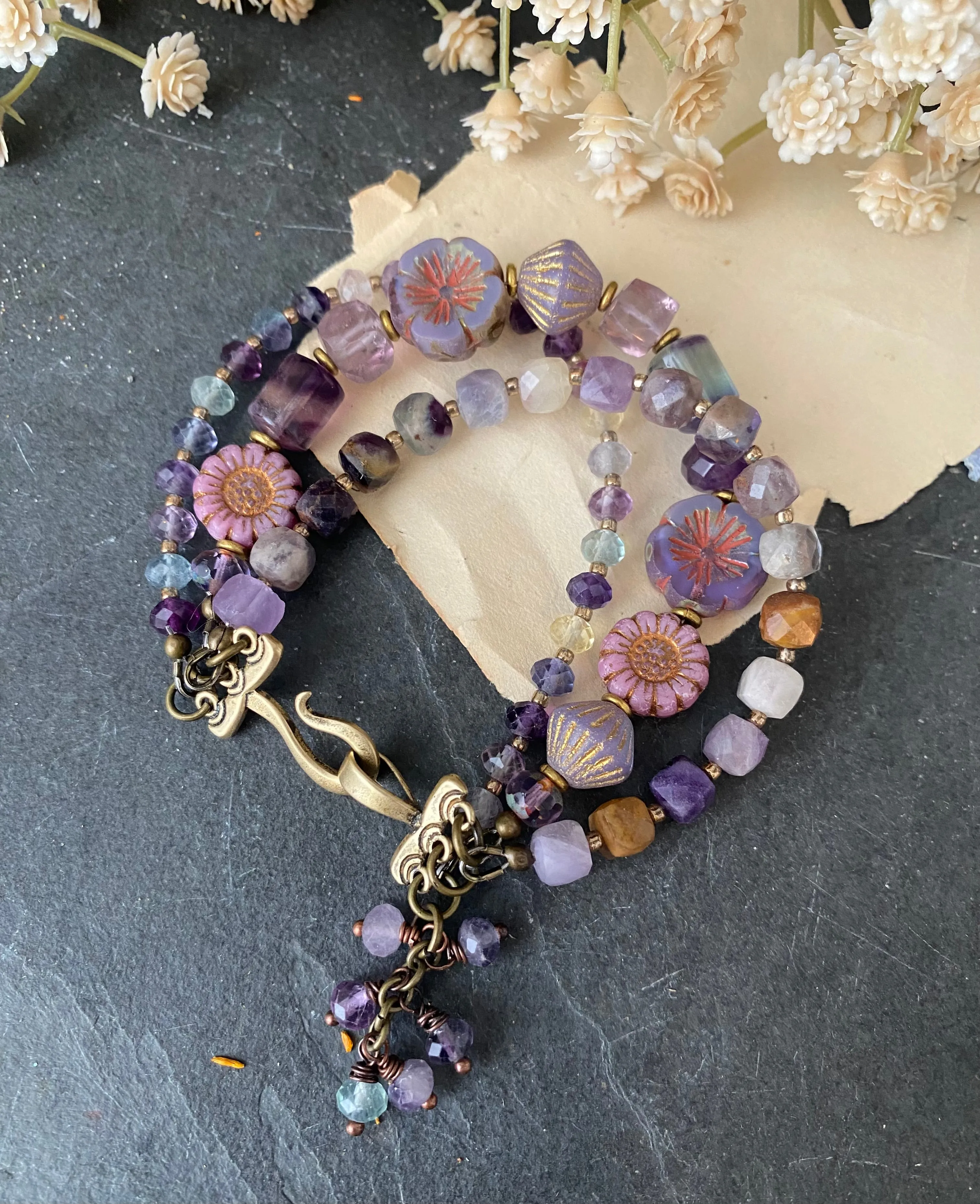 Amethyst, fluorite, Czech glass, brass metal, bracelet.