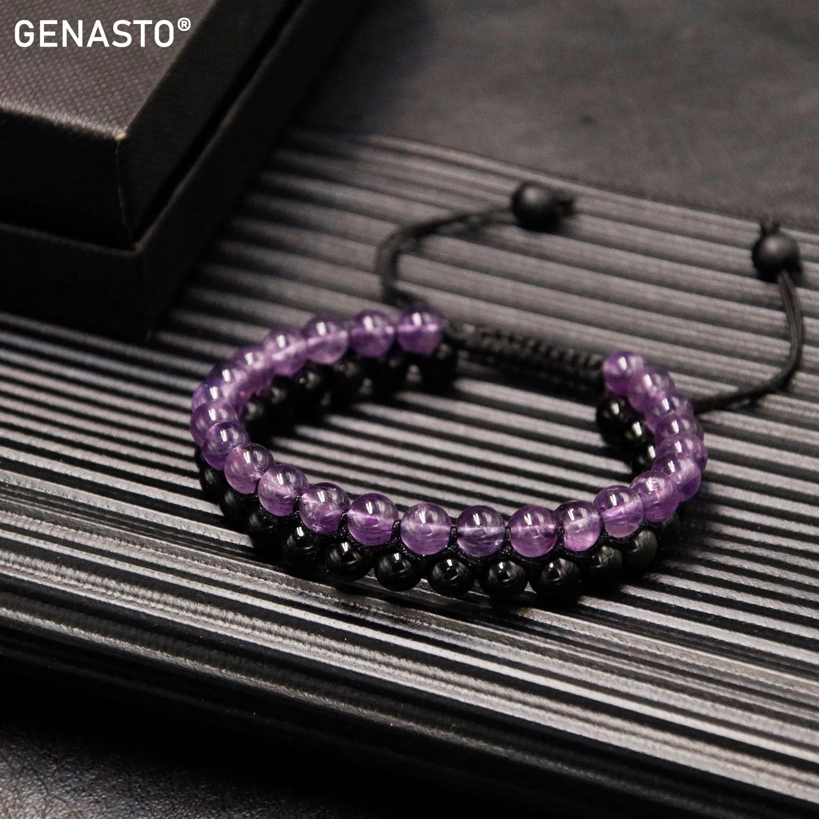 Amethyst  Obsidian Beads Bracelet, 6mm