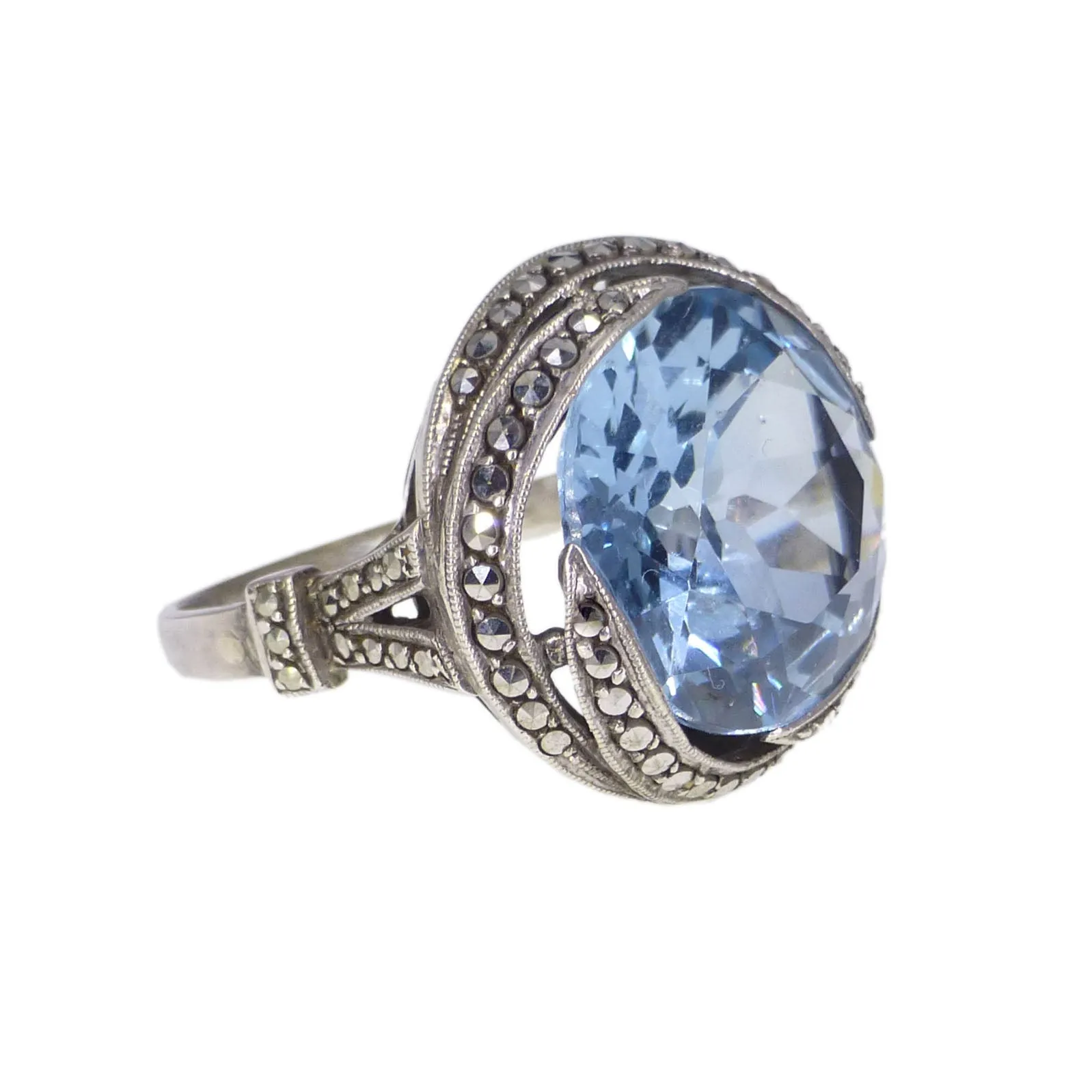 Antique Art Deco Silver Synthetic Blue Zircon Cocktail Ring