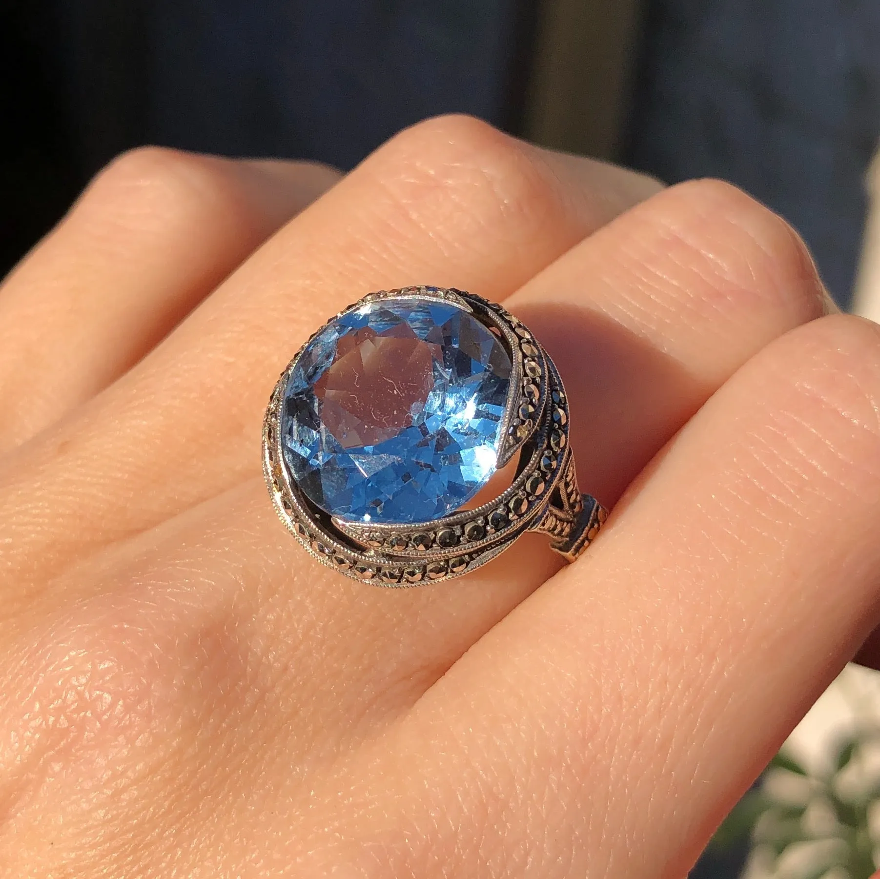 Antique Art Deco Silver Synthetic Blue Zircon Cocktail Ring