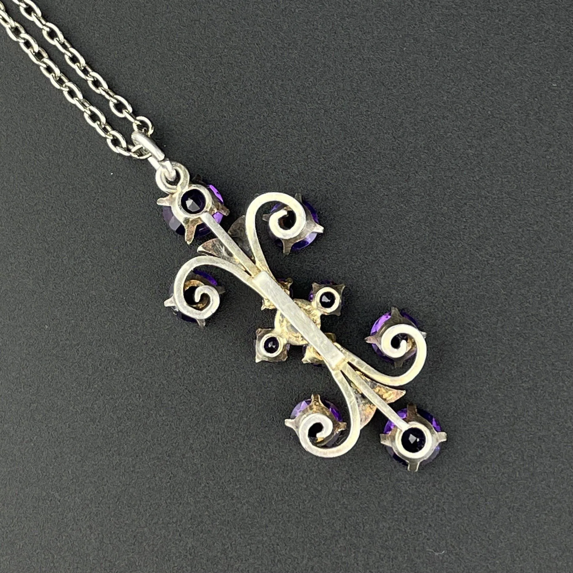 Antique Edwardian Silver Amethyst Seed Pearl Lavaliere Pendant Necklace