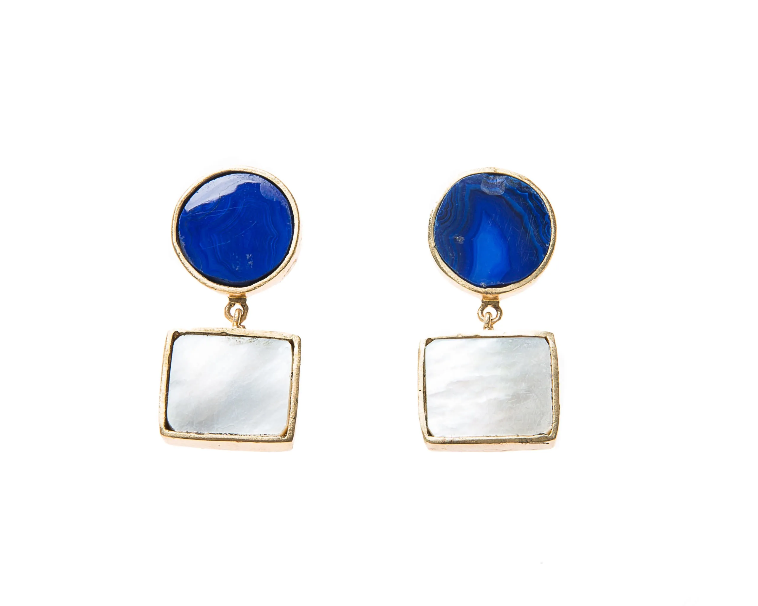 Anya Earrings (Round Blue Agate & Square White Mother-Of-Pearl)