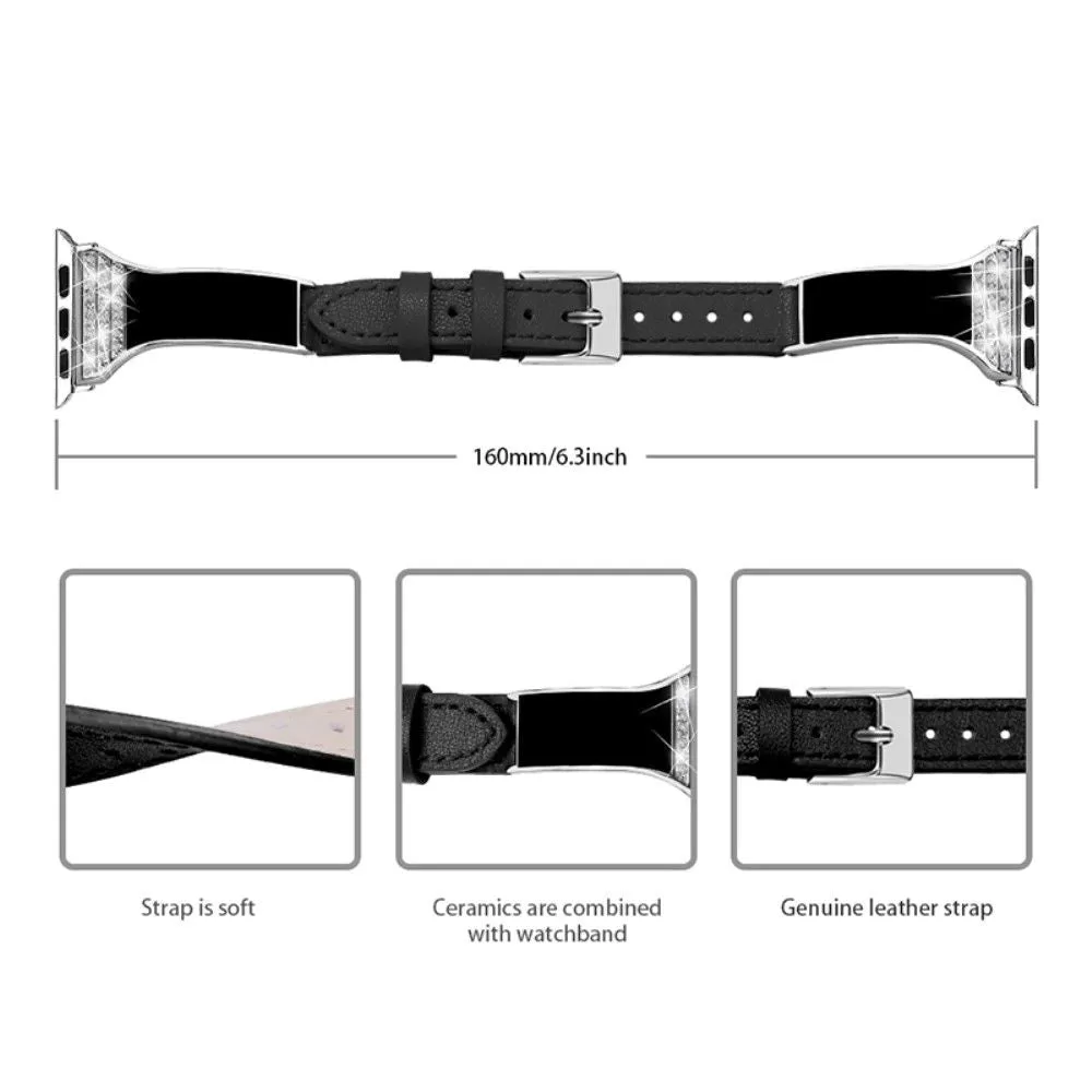 Apple Watch (41mm) rhinestone décor genuine leather watch strap - Black