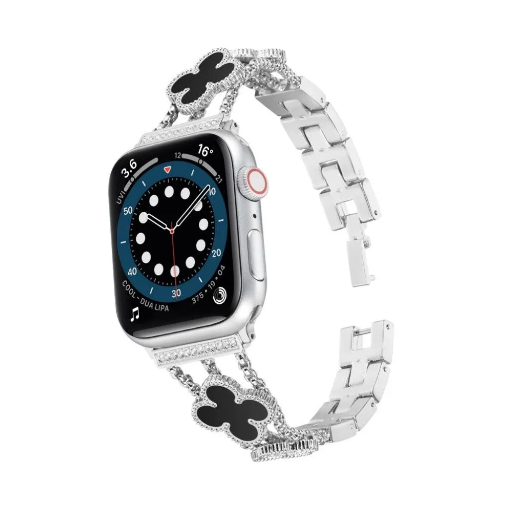 Apple Watch 42mm - 44mm flower décor rhinestone watch strap - Silver / Black