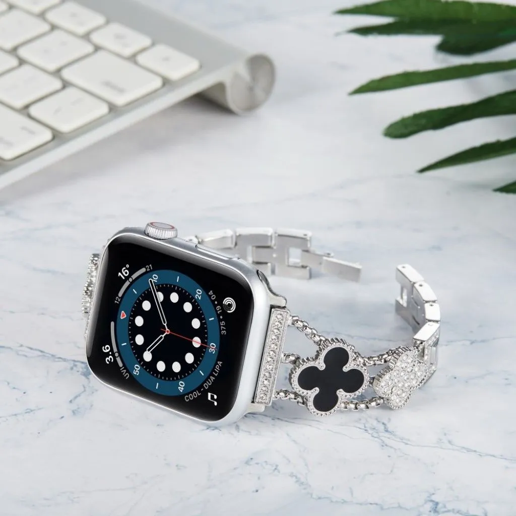 Apple Watch 42mm - 44mm flower décor rhinestone watch strap - Silver / Black