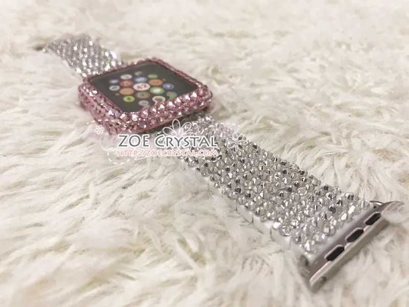 Apple Watch Bedazzled Bling Pink Crystal Case / Protector / Cover  Silver White Swarovski Rhinestone iWatch Band / Strap